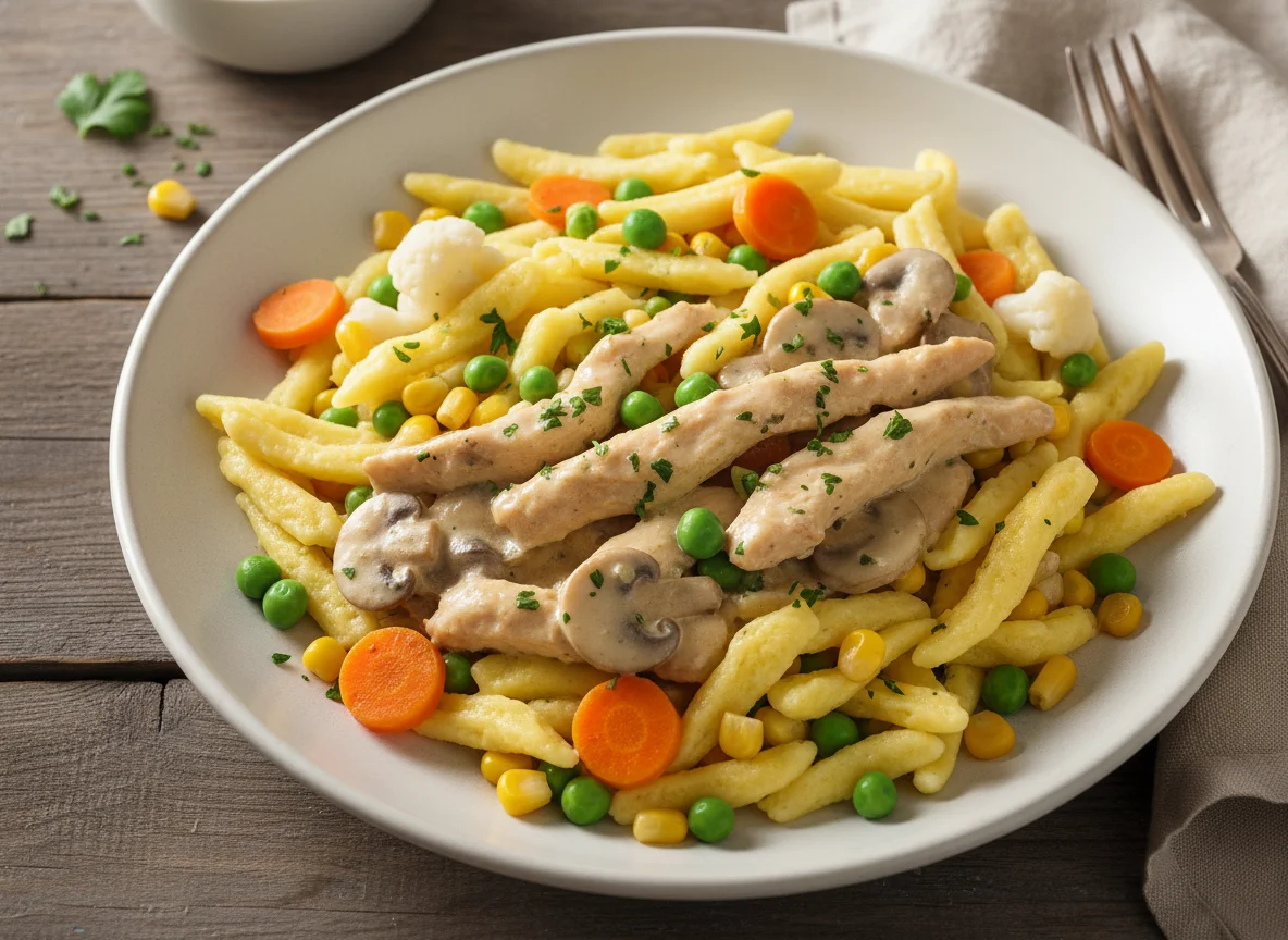 Hähnchengeschnetzeltes mit Spätzle und Gemüse photo
