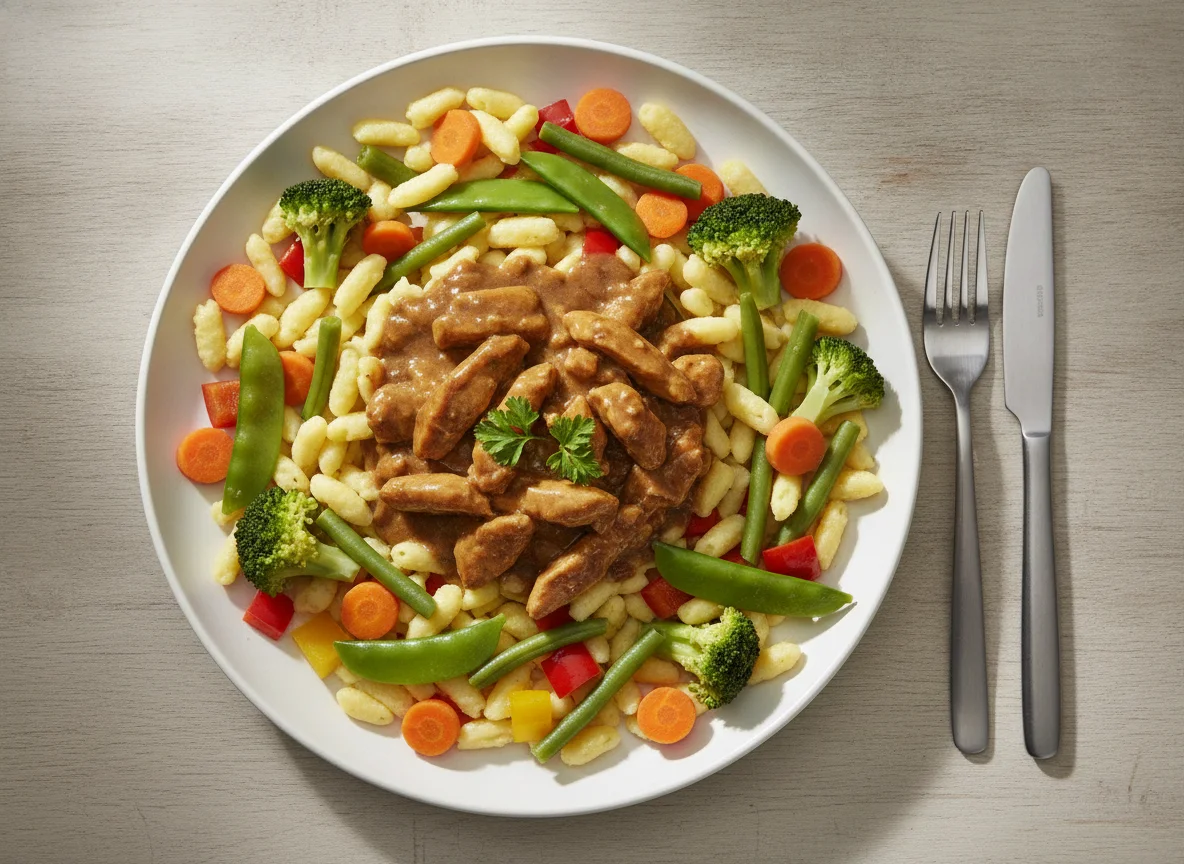 Hähnchengeschnetzeltes mit Spätzle und Mischgemüse photo