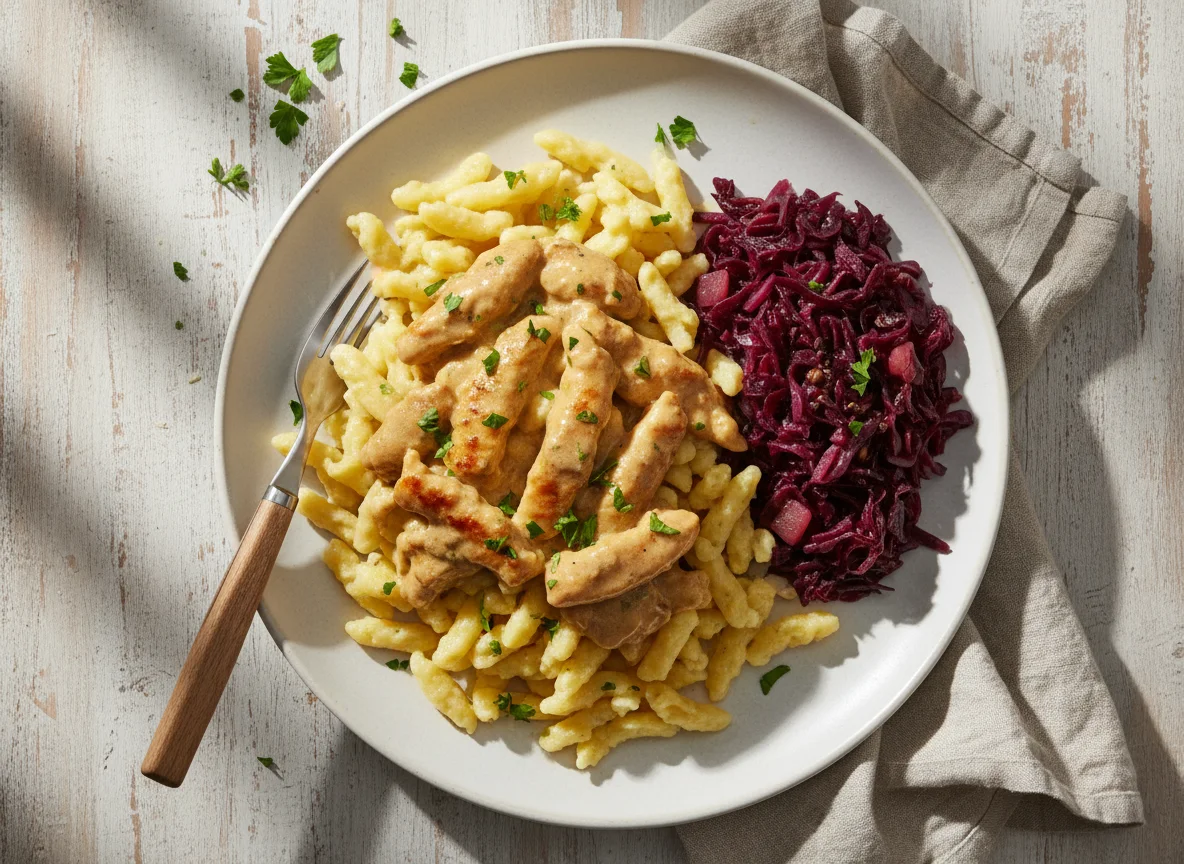 Hähnchengeschnetzeltes mit Spätzle und Rotkohl photo