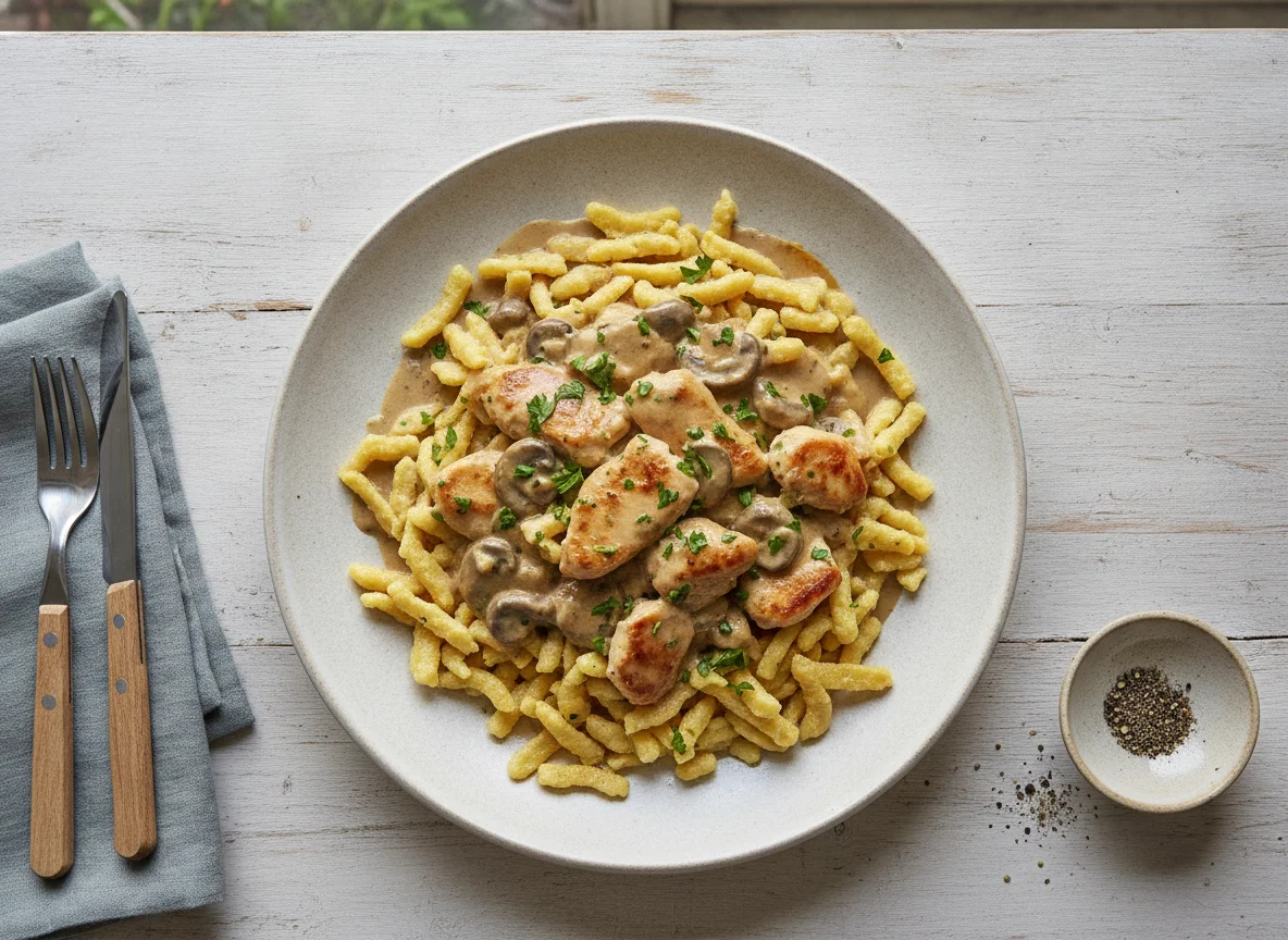 Hähnchengeschnetzeltes mit Spätzle und Sahnesauce photo