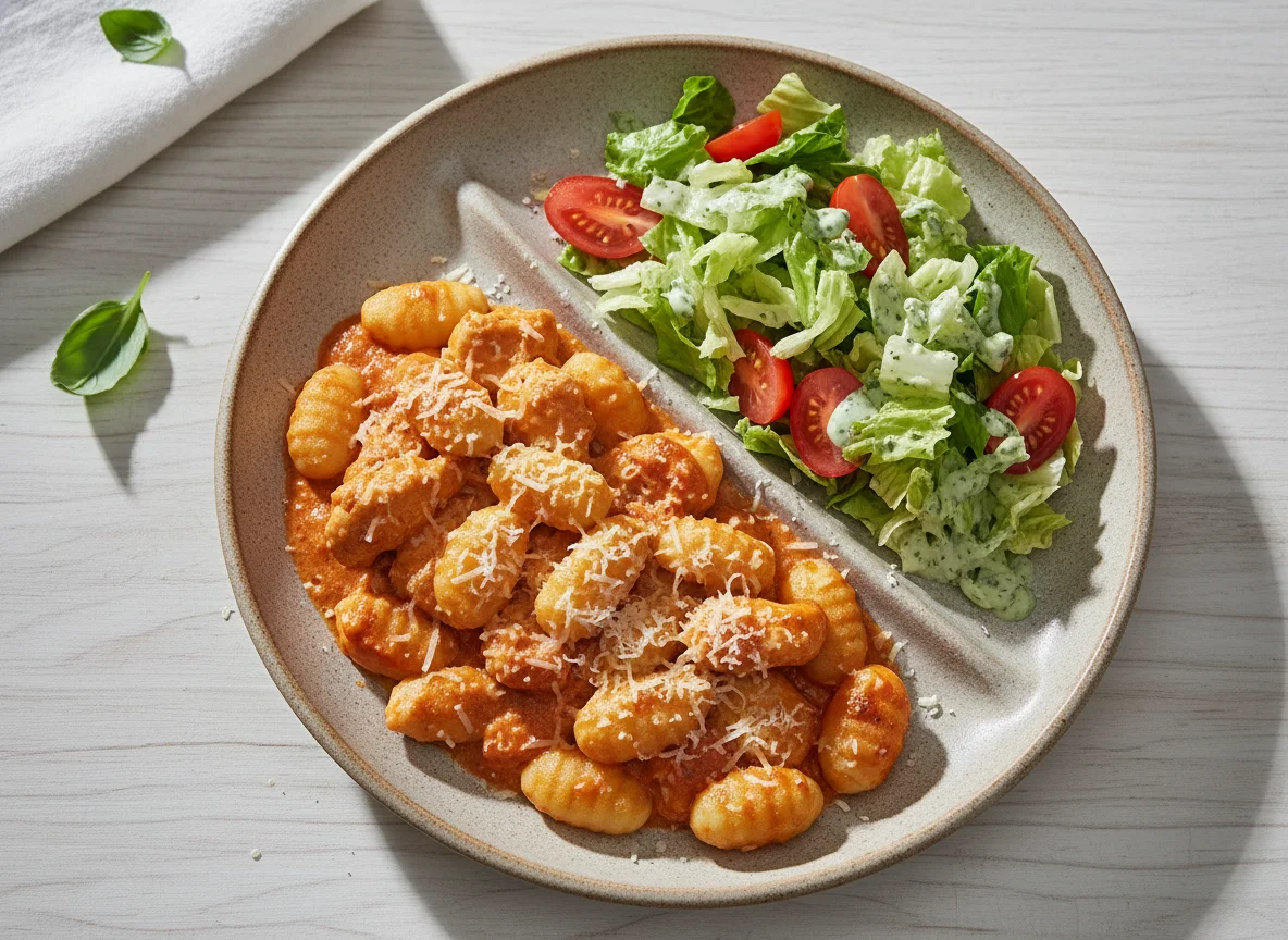 Hähnchen-Gnocchi-Pfanne mit Salat photo