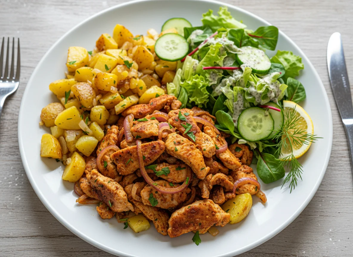 Hähnchen-Gyros mit Bratkartoffeln und Salat photo