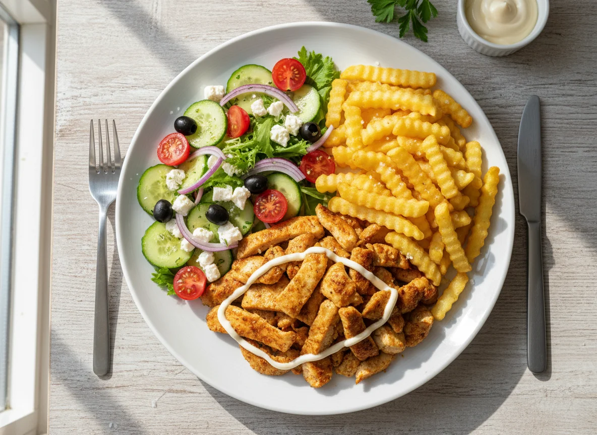 Hähnchen-Gyros mit Pommes und Salat photo