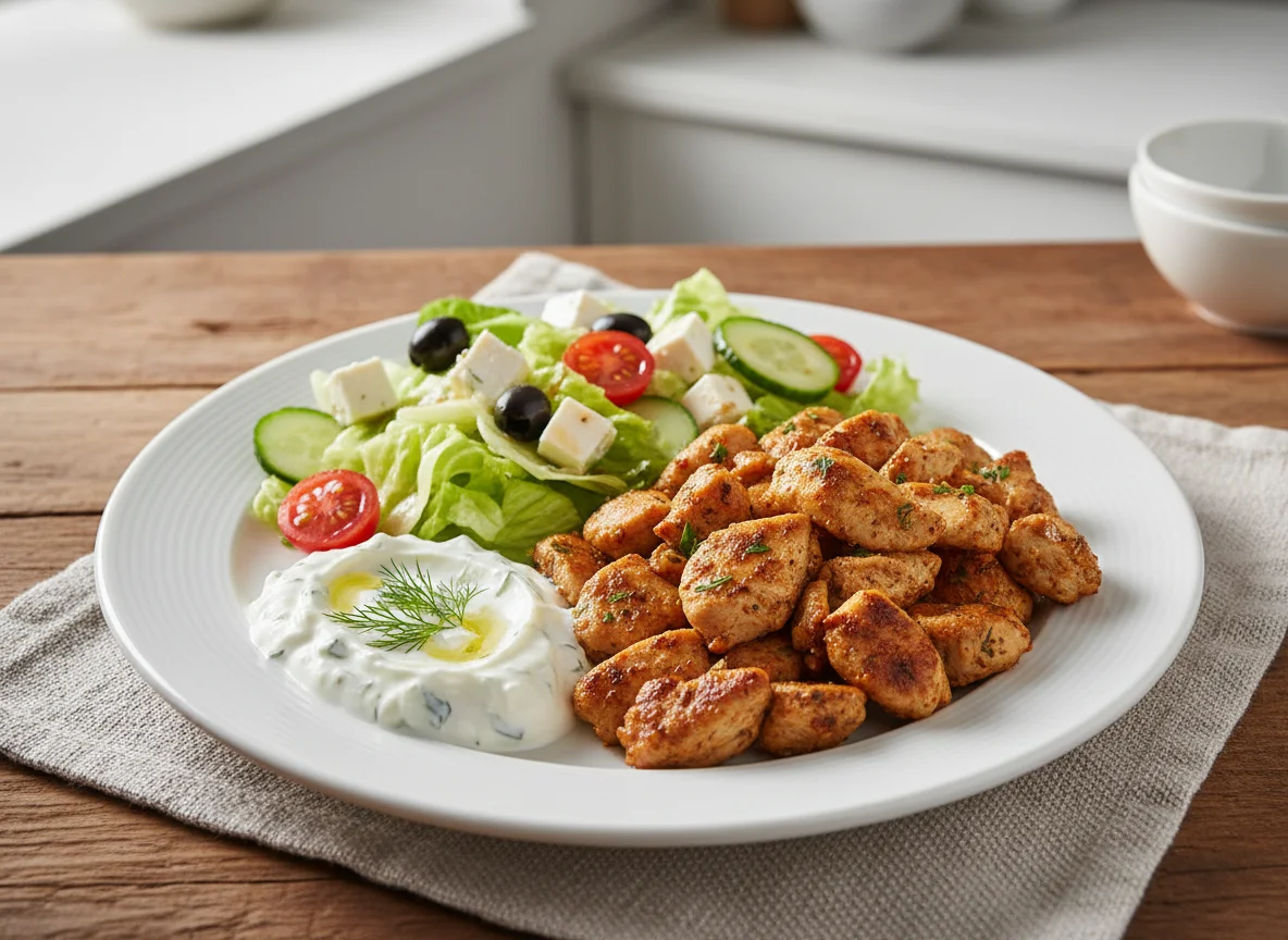 Hähnchen-Gyros-Teller mit Salat und Tzatziki photo