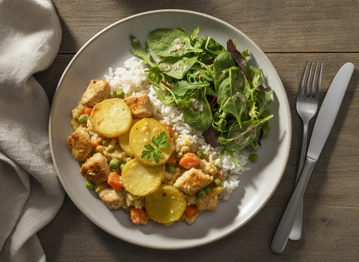 Hähnchen-Kartoffel-Auflauf mit Reis und Salat photo