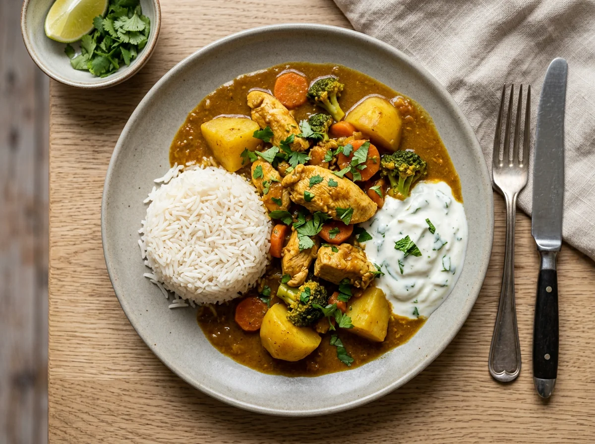 Hähnchen-Kartoffel-Curry mit Reis und Joghurt photo
