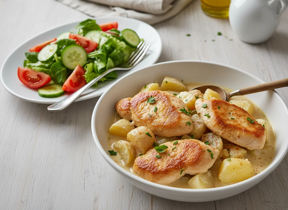Hähnchen-Kartoffel-Eintopf mit Beilagensalat photo