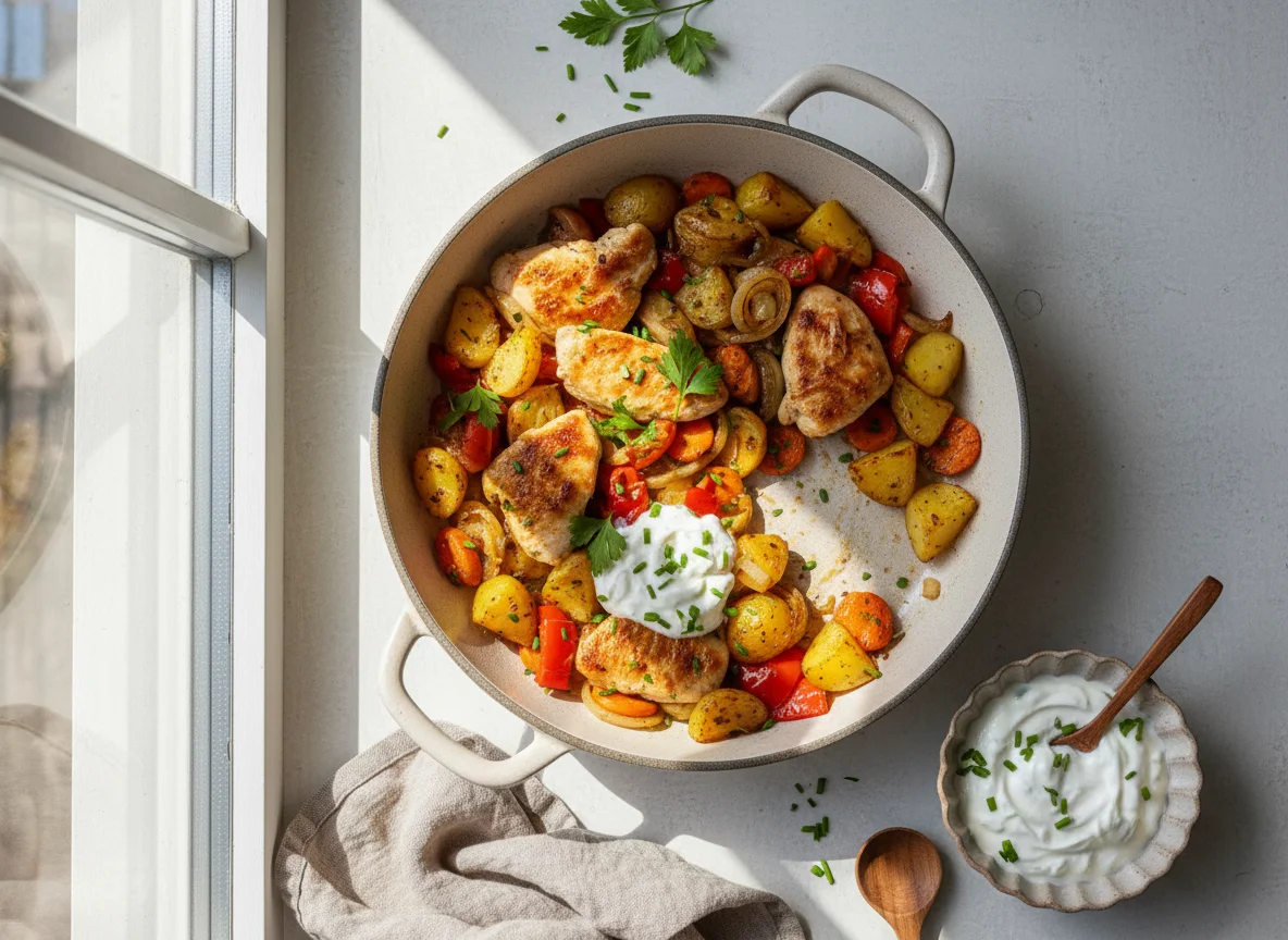 Hähnchen-Kartoffel-Pfanne mit Joghurt-Dip photo