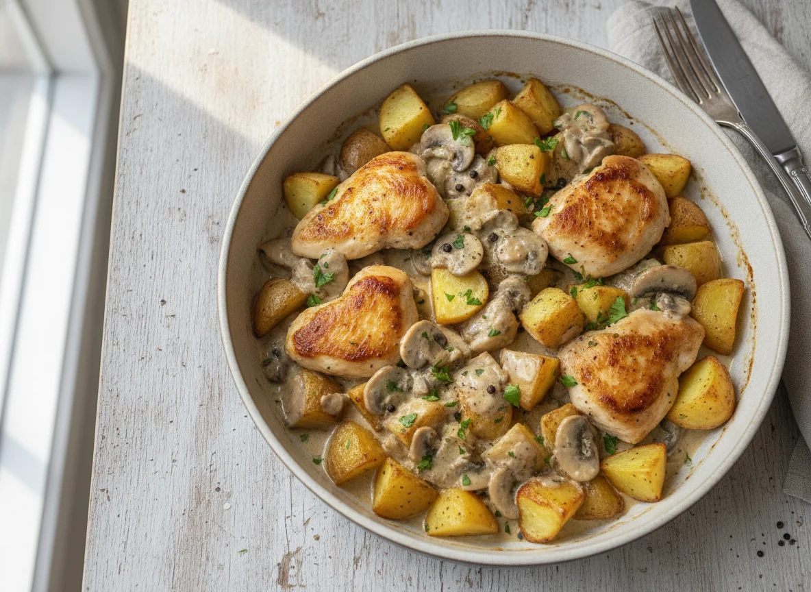 Hähnchen-Kartoffel-Pfanne mit Sauce photo