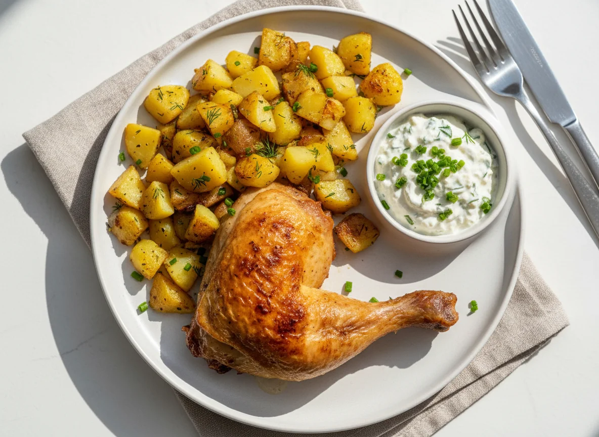 Hähnchenkeule mit Bratkartoffeln und Kräuterquark photo