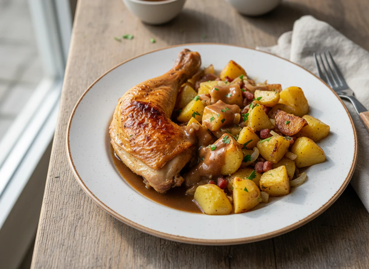 Hähnchenkeule mit Bratkartoffeln und Soße photo