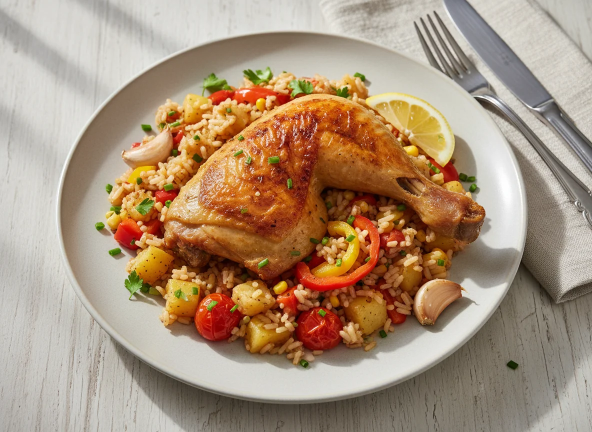 Hähnchenkeule mit Reis und Gemüse photo