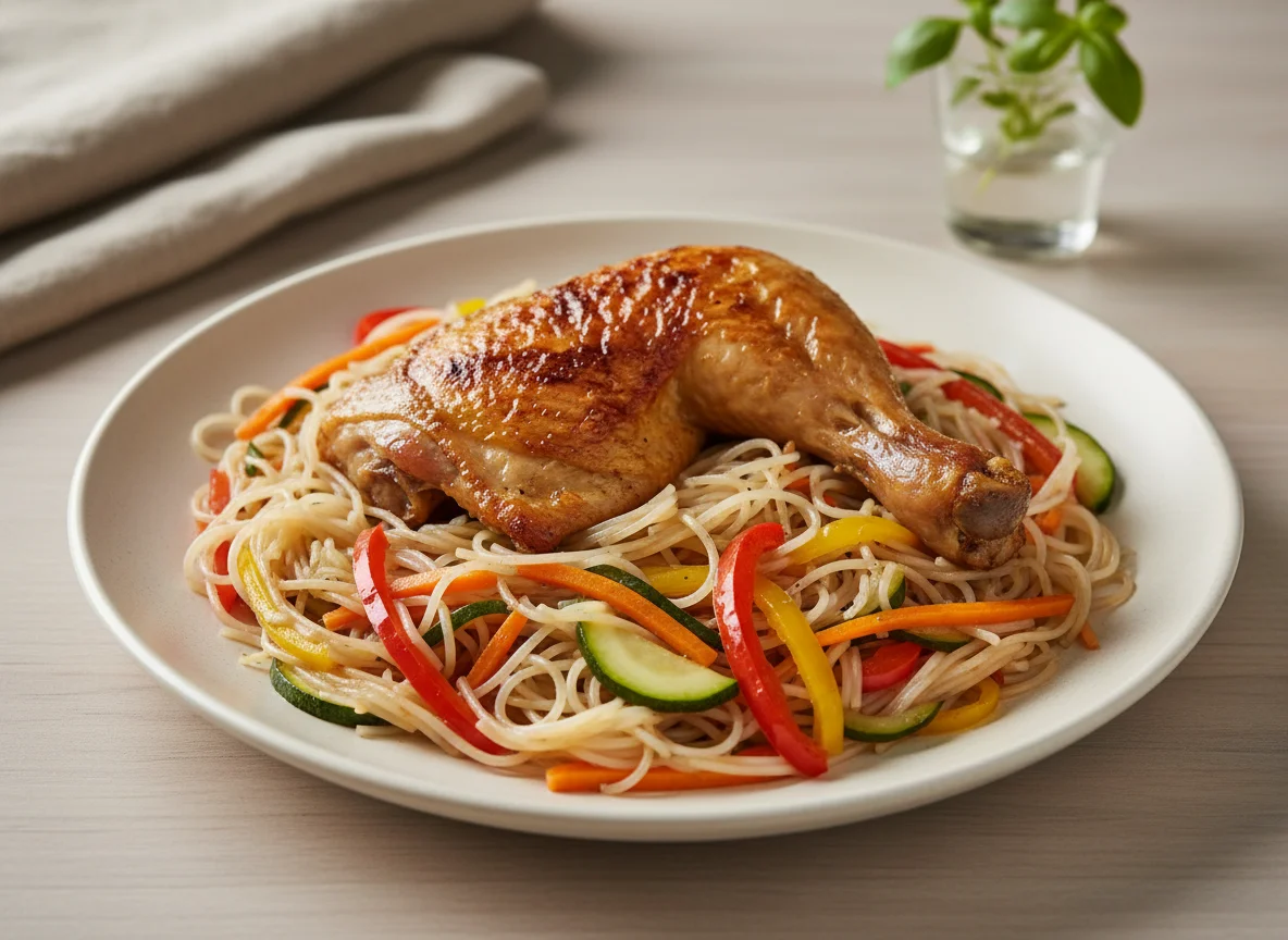 Hähnchenkeule mit Reisnudel-Gemüsepfanne photo