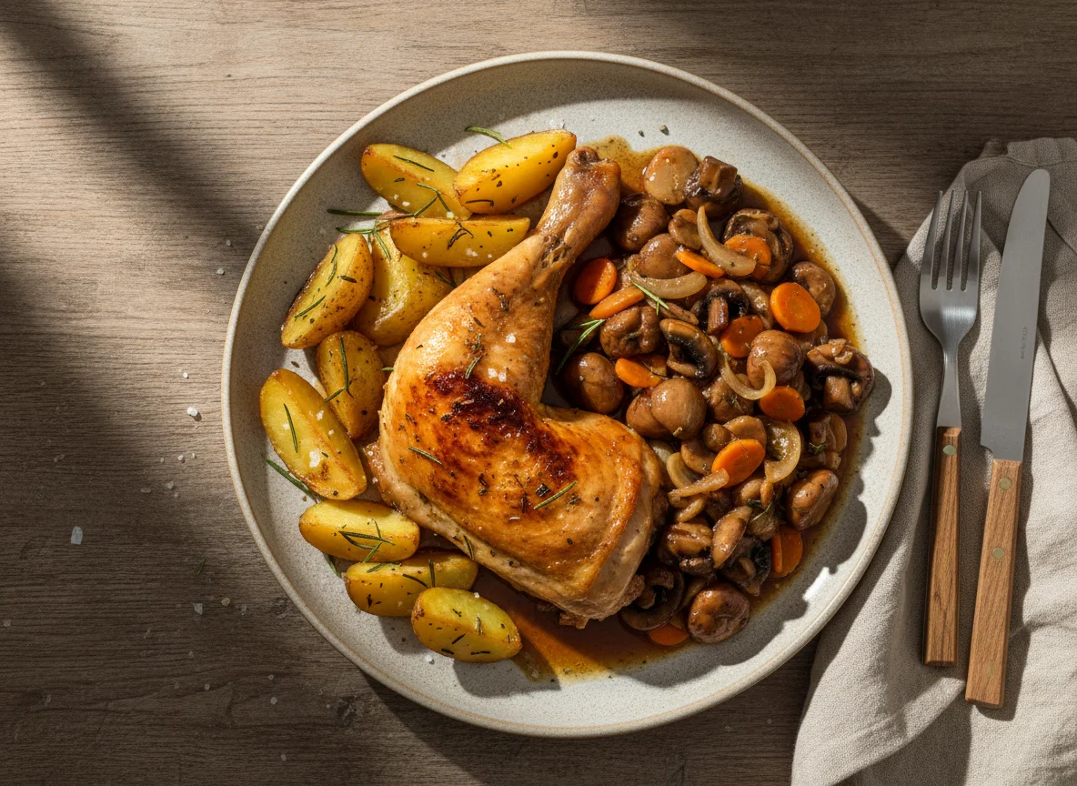 Hähnchenkeule mit Rosmarinkartoffeln und Pilz-Maronen-Gemüse photo