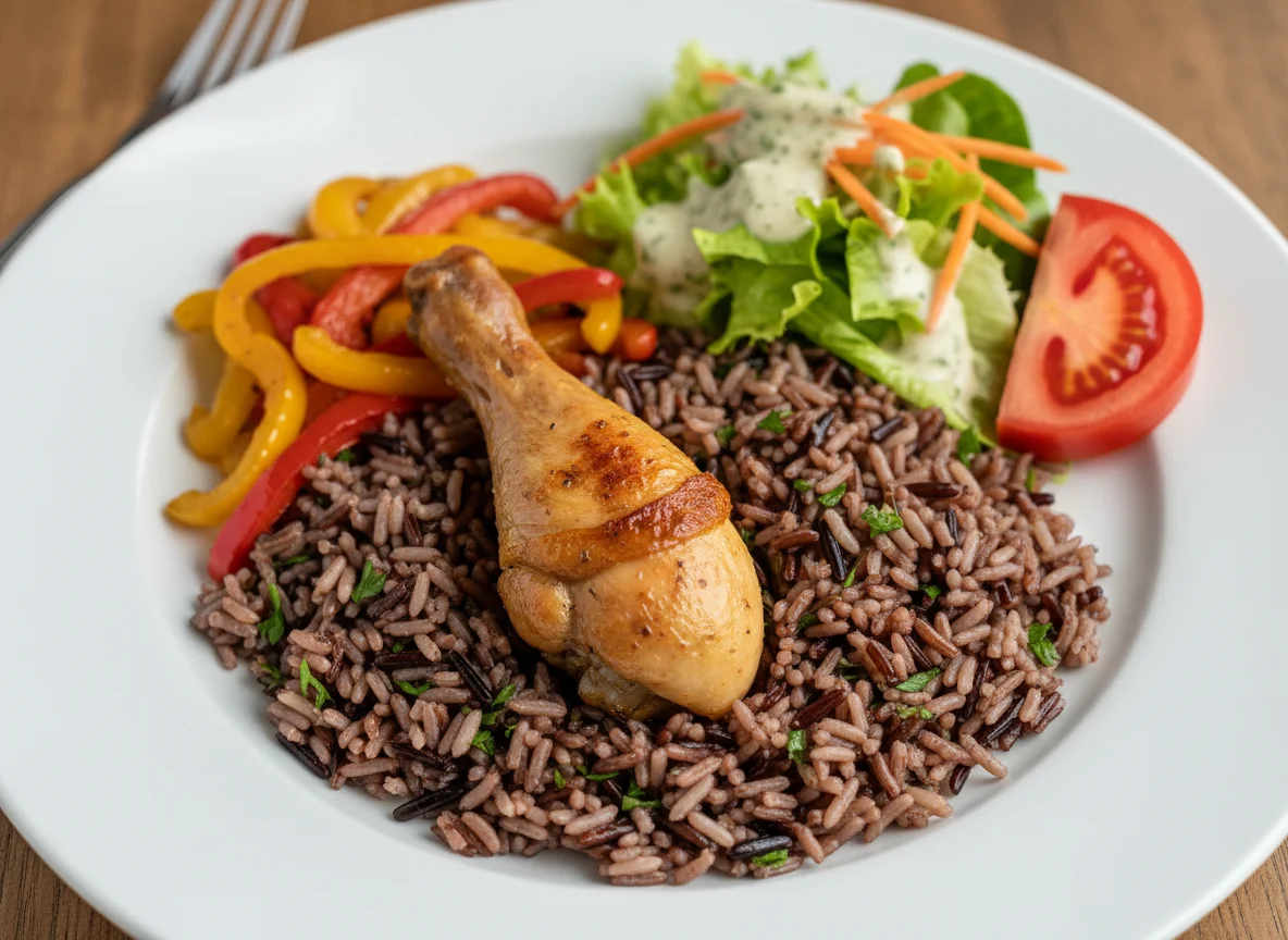 Hähnchenkeule mit Wildreis, Paprikagemüse und Beilagensalat photo