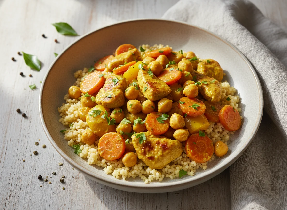 Hähnchen-Kichererbsen-Curry mit Couscous photo