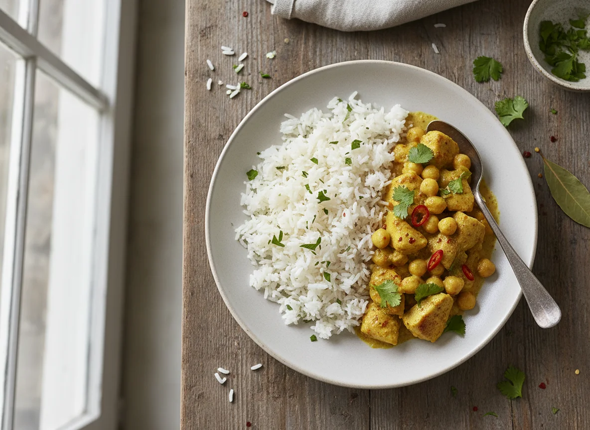 Hähnchen-Kichererbsen-Curry mit Reis photo