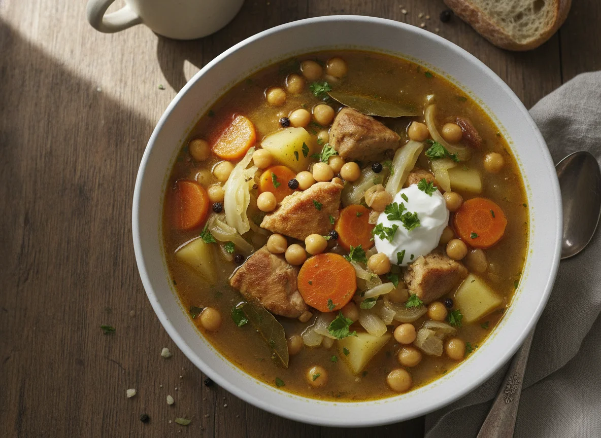 Hähnchen-Kichererbsen-Eintopf mit Kohl und Karotten photo