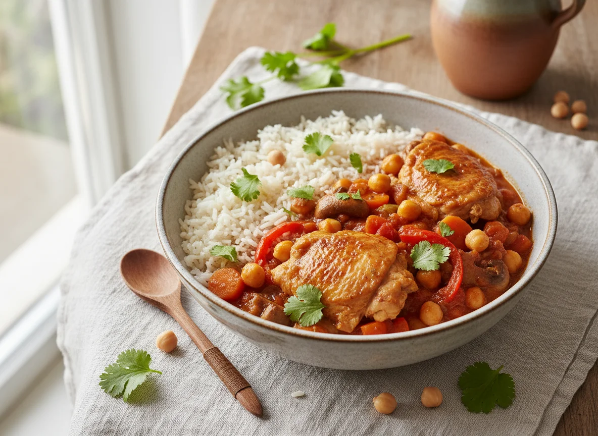 Hähnchen-Kichererbsen-Eintopf mit Reis photo
