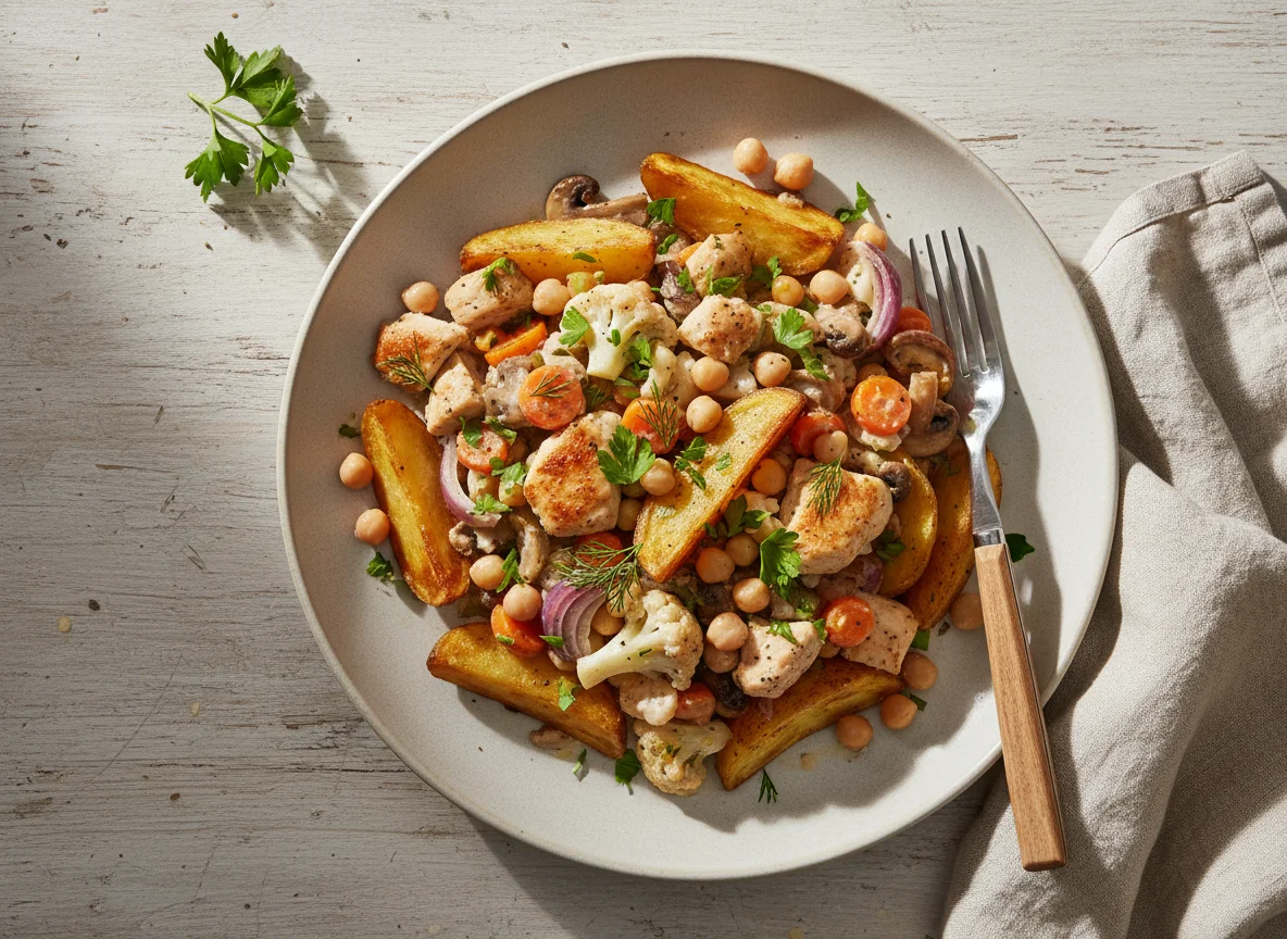 Hähnchen-Kichererbsen-Gemüsepfanne mit Kartoffeln photo