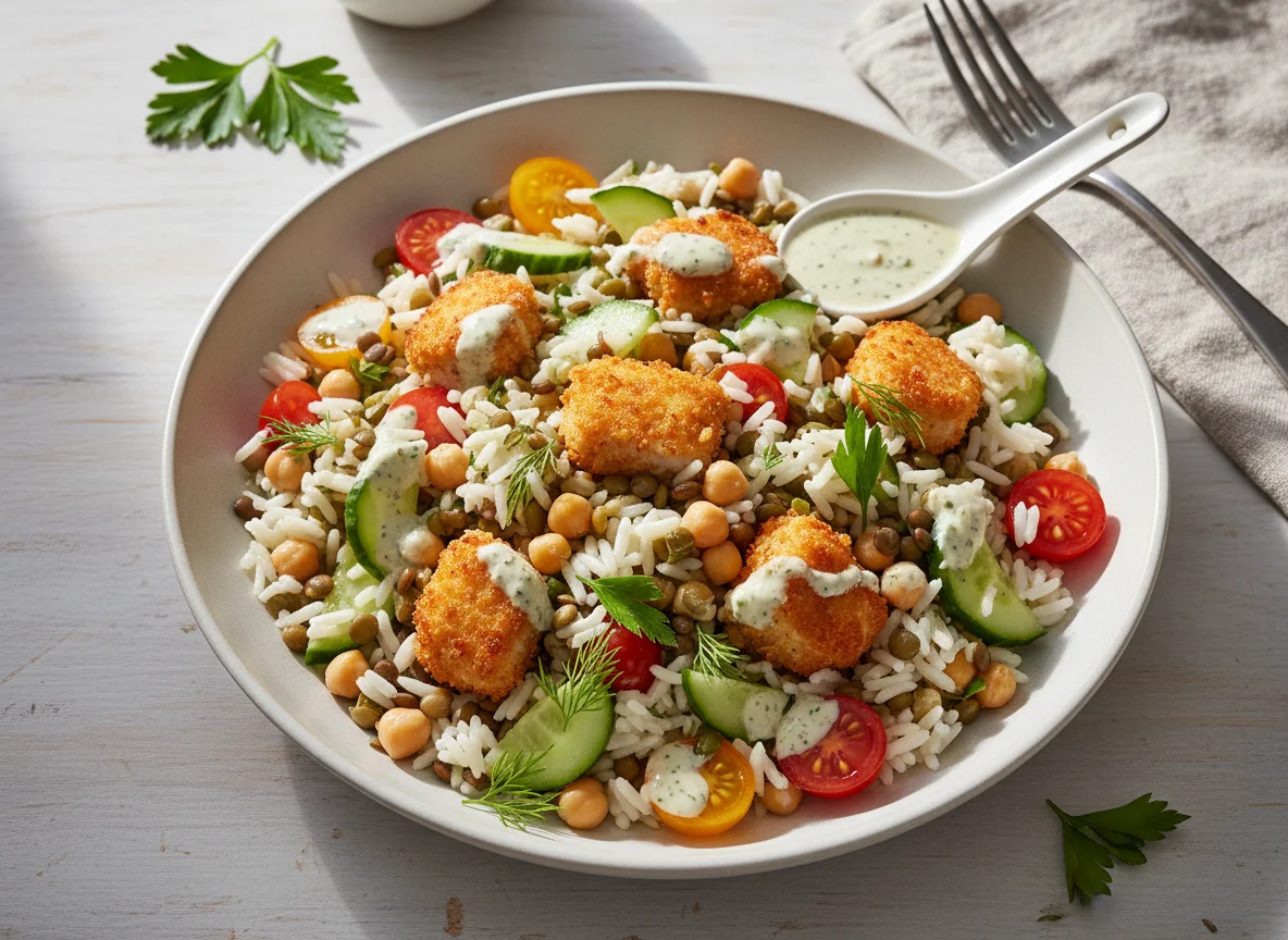 Hähnchen-Kichererbsen-Salat mit Reis und Dressing photo