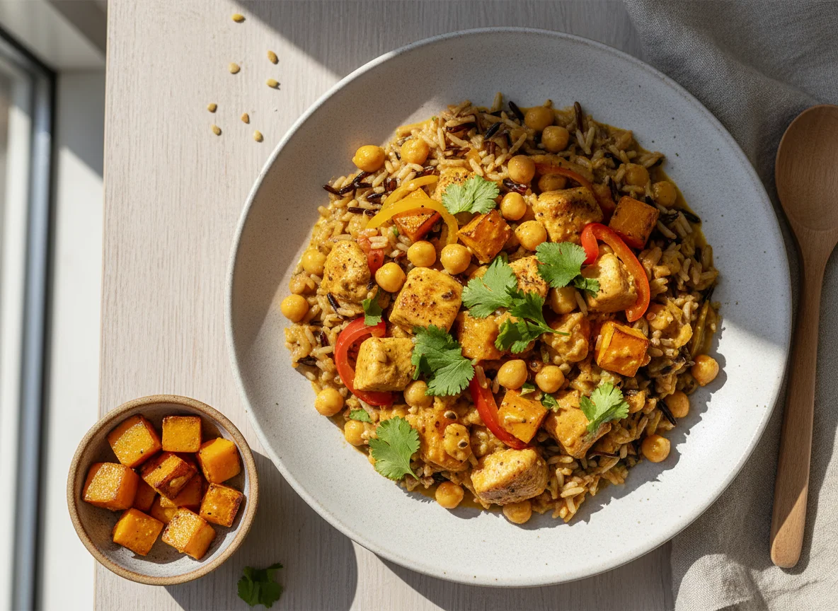 Hähnchen-Kürbis-Curry mit Wildreis photo