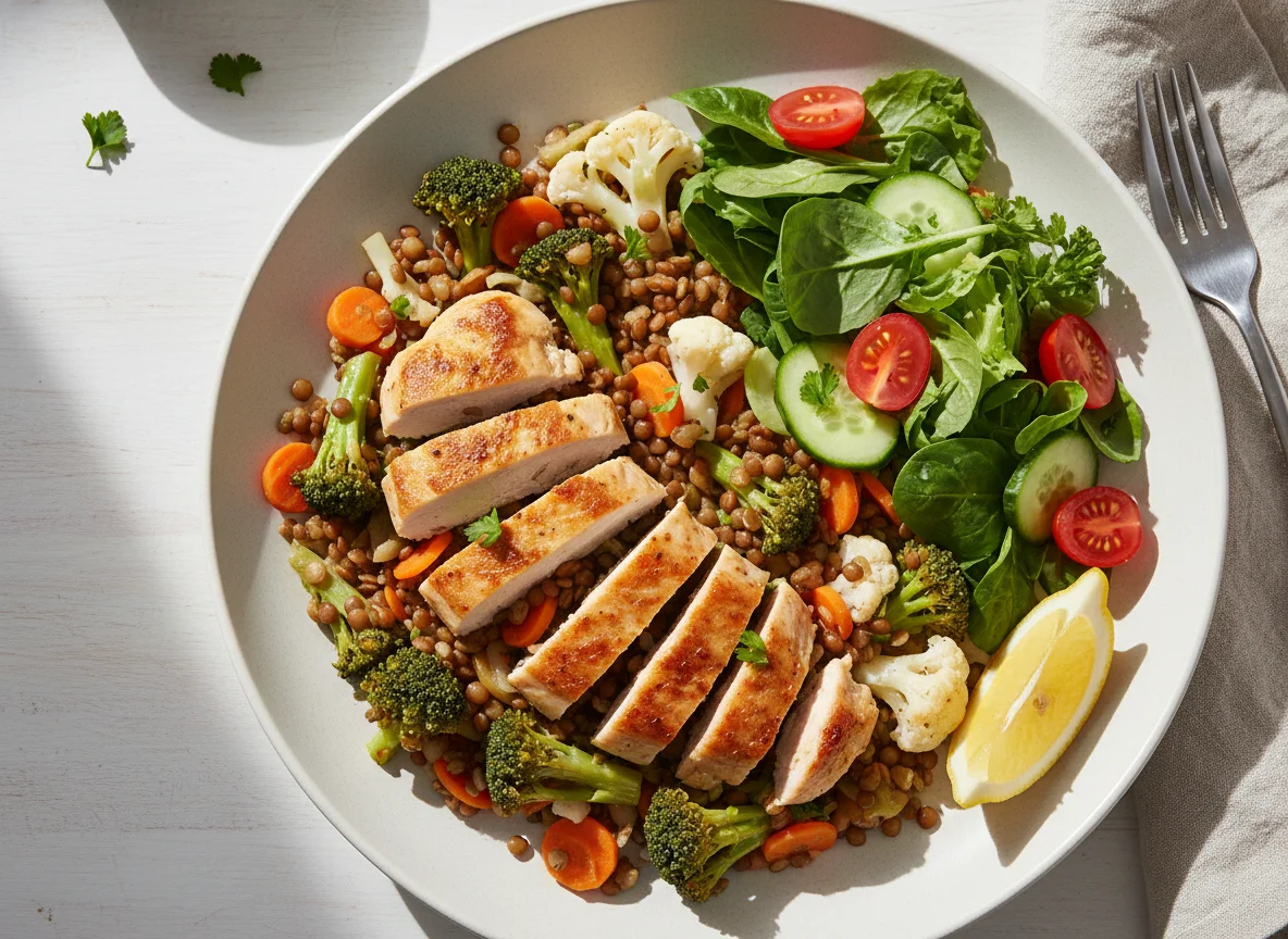 Hähnchen-Linsen-Gemüsepfanne mit Salat photo