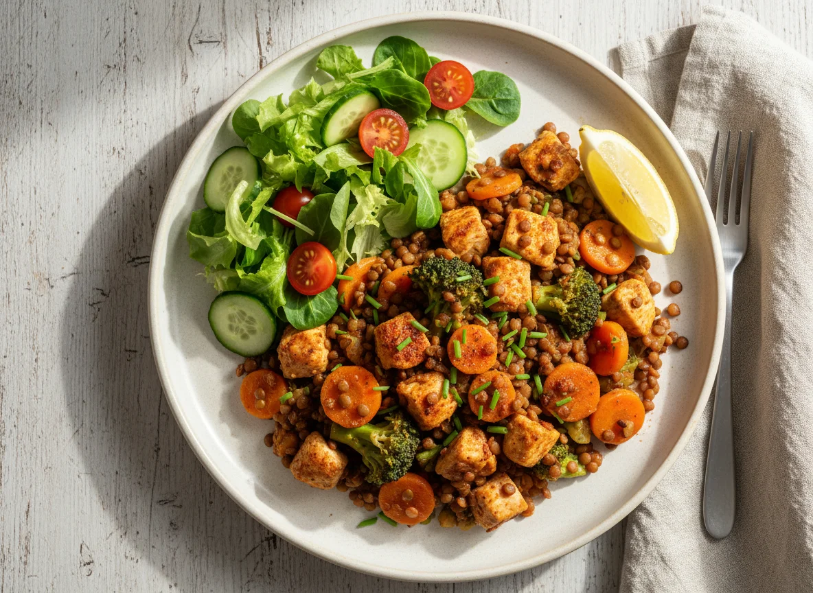 Hähnchen-Linsen-Gemüse-Pfanne mit Salat photo