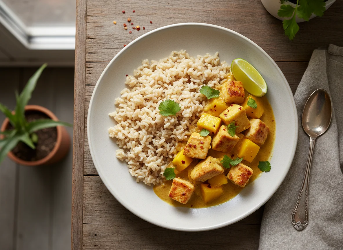 Hähnchen-Mango-Curry mit Reis photo