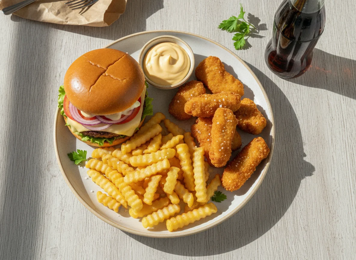 Hähnchen-Menü mit Pommes und Burger photo