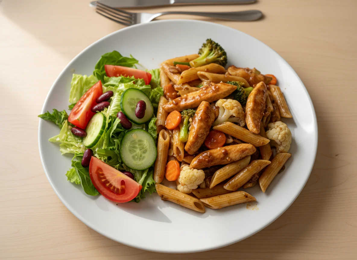 Hähnchen-Nudelgericht mit Gemüse und Beilagensalat photo