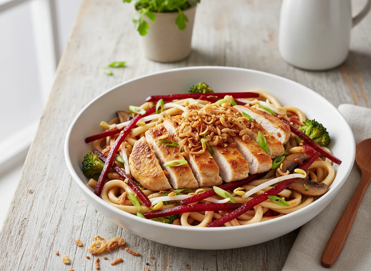 Hähnchen-Nudelgericht mit Rote Bete photo