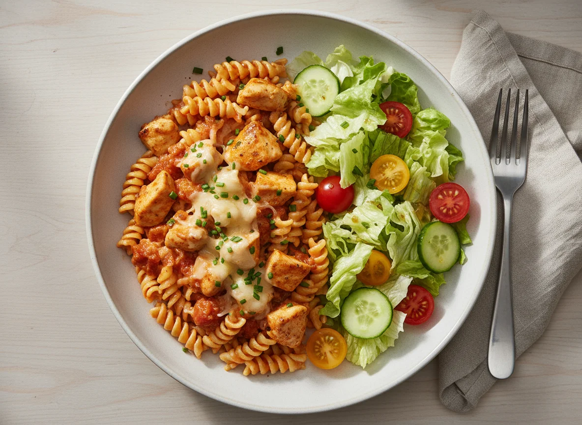 Hähnchen-Nudelgericht mit Salat photo
