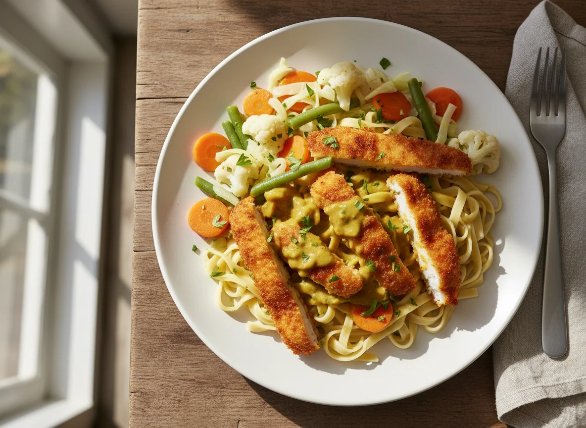 Hähnchen-Nudeln mit Gemüse und Sauce photo