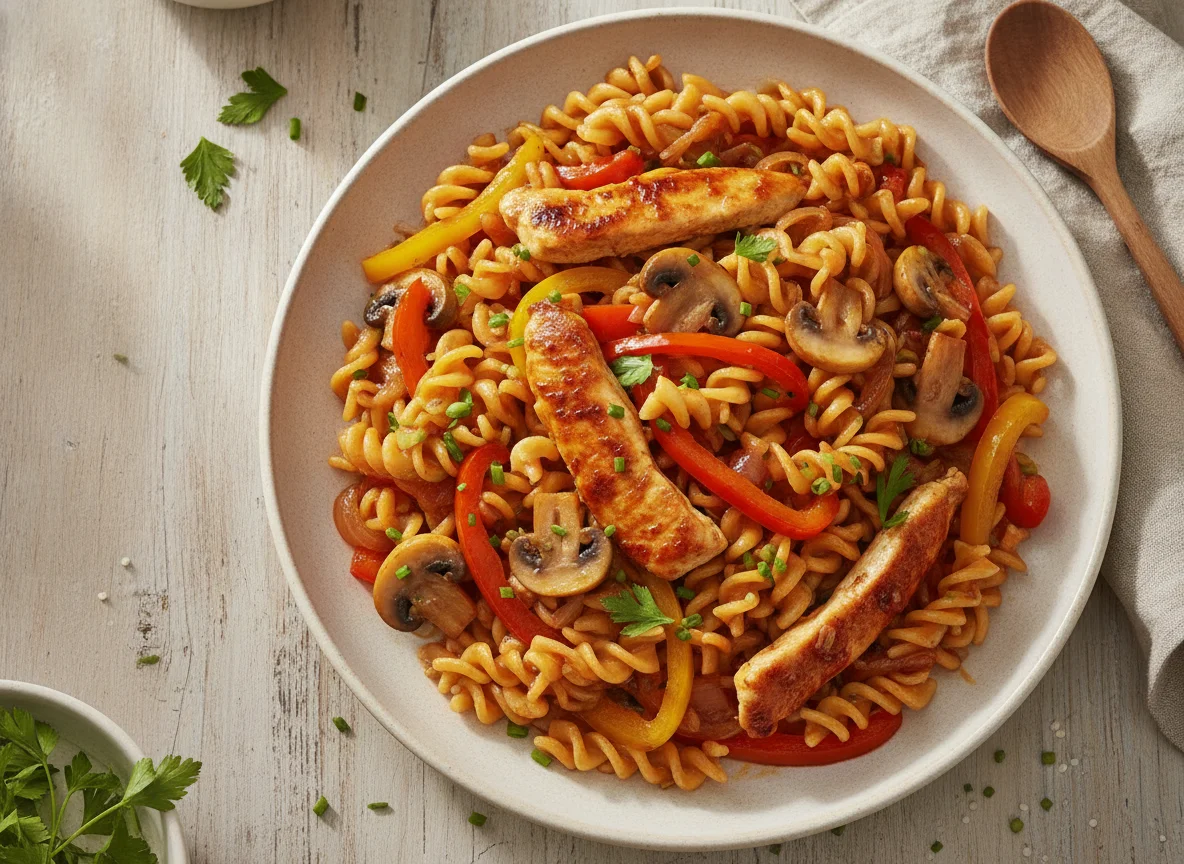 Hähnchen-Nudeln mit Pilzen und Paprika photo