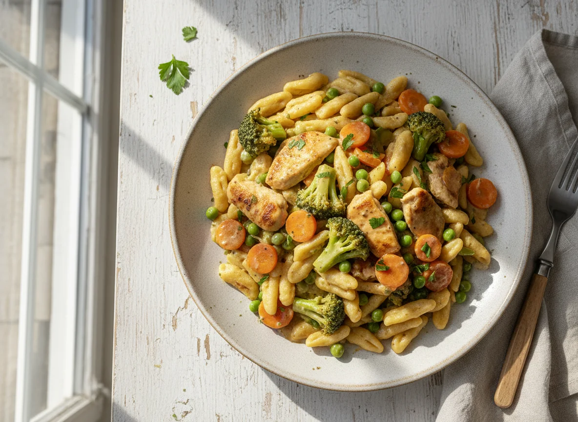 Hähnchen-Nudel-Pfanne mit Gemüse photo