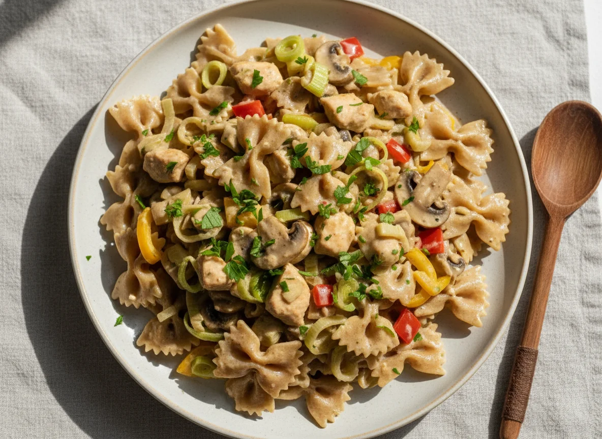Hähnchen-Nudelpfanne mit Gemüse in Sahnesauce photo