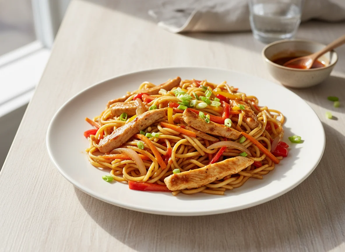 Hähnchen-Nudelpfanne mit Gemüse photo