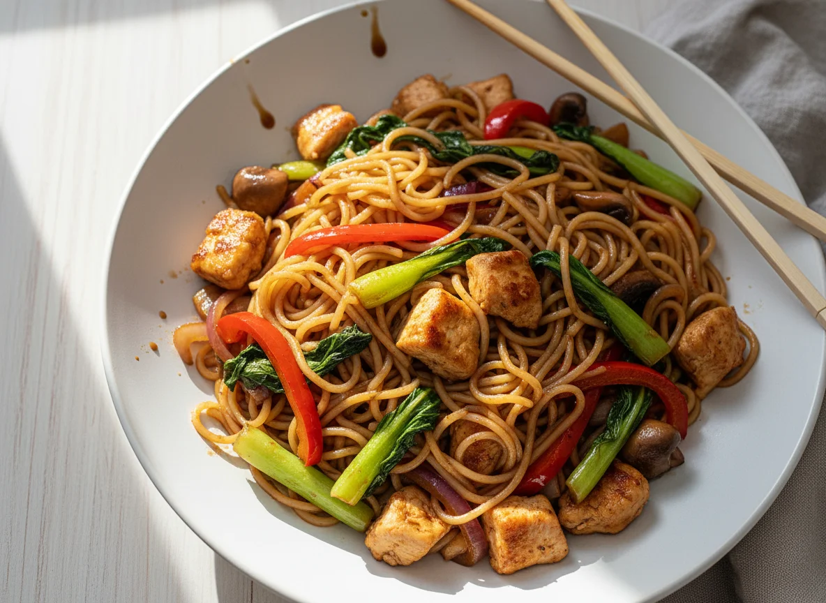 Hähnchen-Nudelpfanne mit Pak Choi photo
