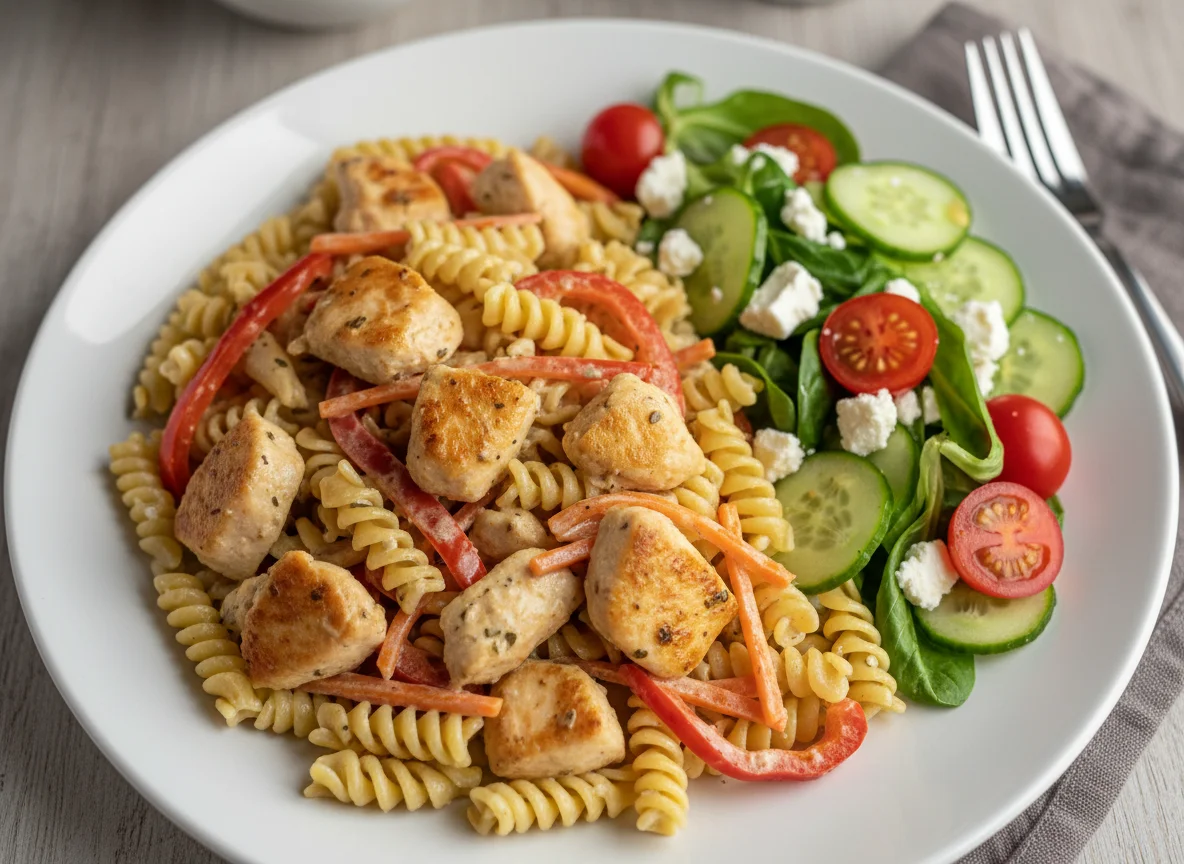 Hähnchen-Nudelpfanne mit Salatbeilage photo