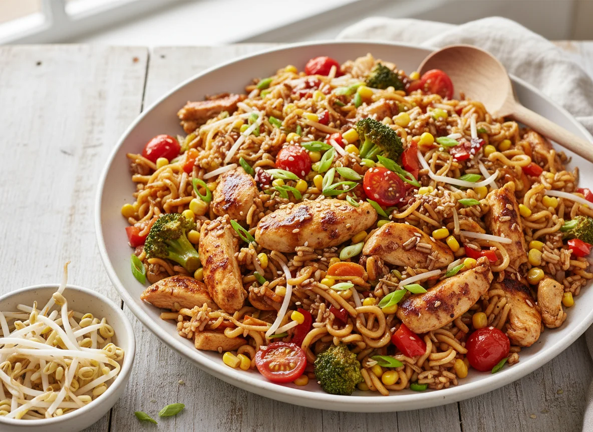 Hähnchen-Nudel-Reis-Pfanne mit Gemüse photo