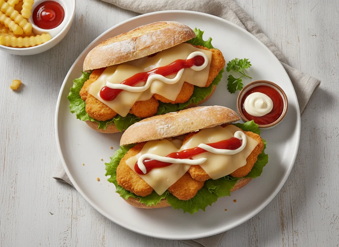 Hähnchen-Nugget-Brötchen mit Beilage photo