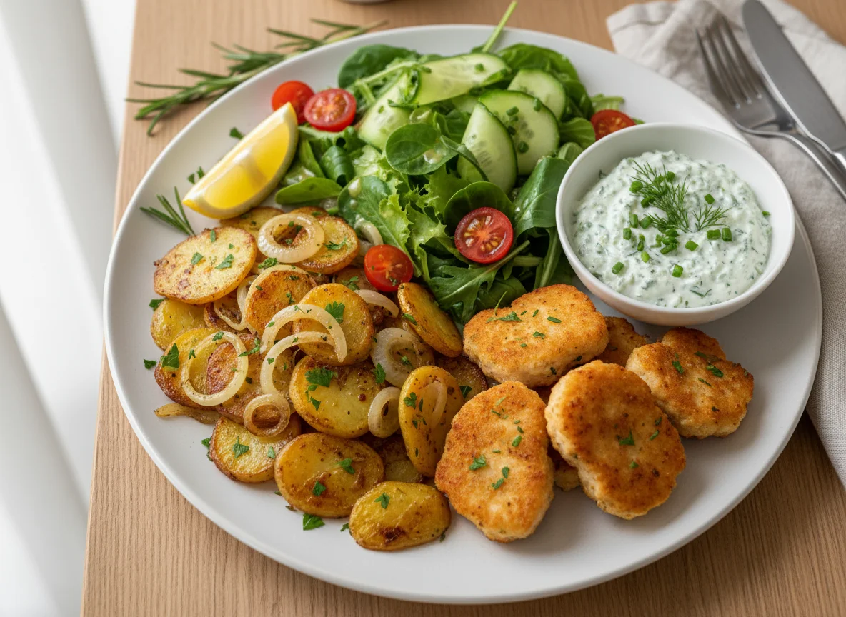 Hähnchen-Nuggets mit Bratkartoffeln, Salat und Dip photo