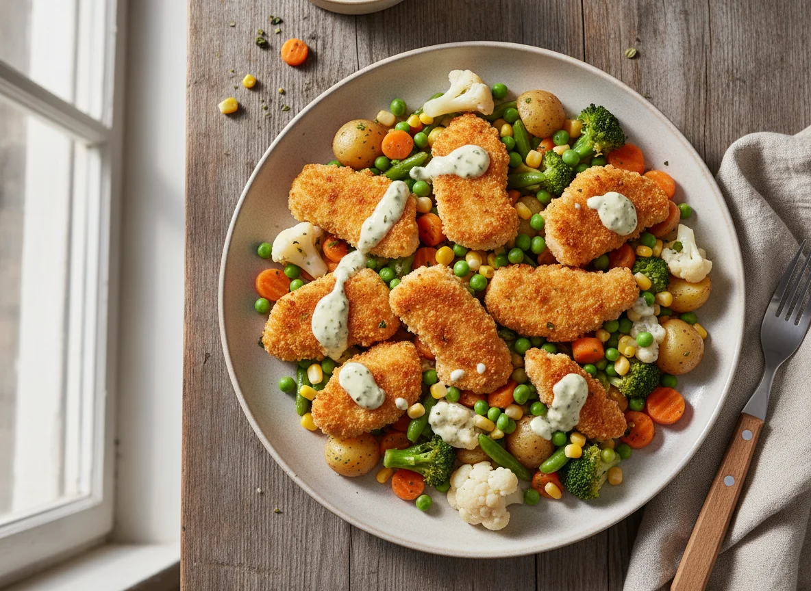 Hähnchen-Nuggets mit Kartoffel-Gemüse-Mischung photo