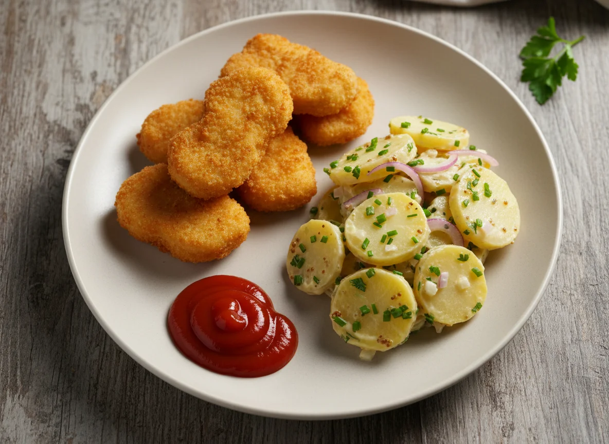 Hähnchen-Nuggets mit Kartoffelsalat und Ketchup photo