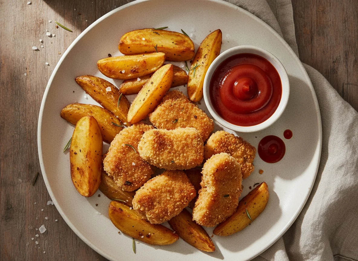 Hähnchen-Nuggets mit Kartoffelspalten und Ketchup photo