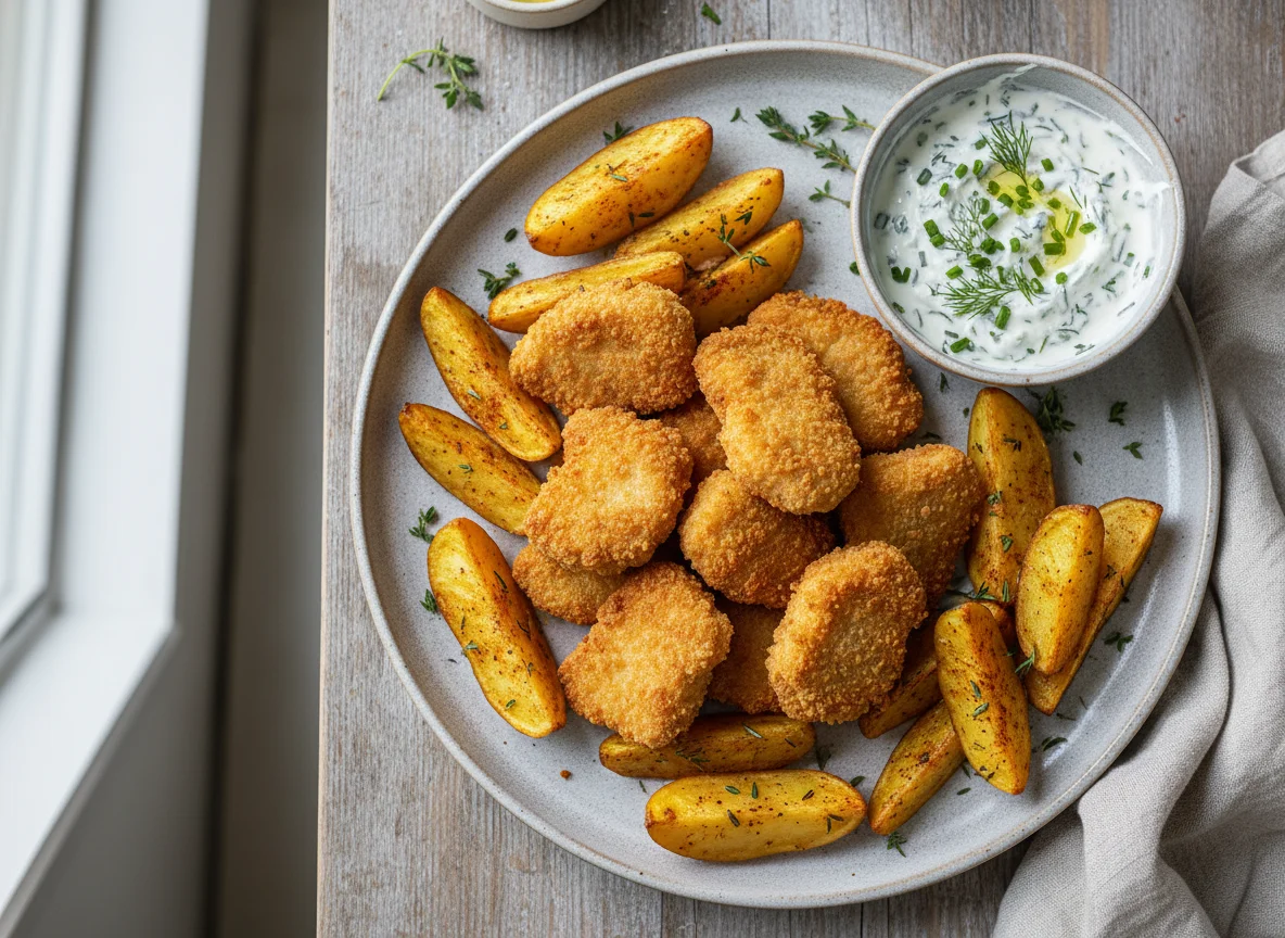 Hähnchen-Nuggets mit Kartoffelspalten und Kräuterquark photo