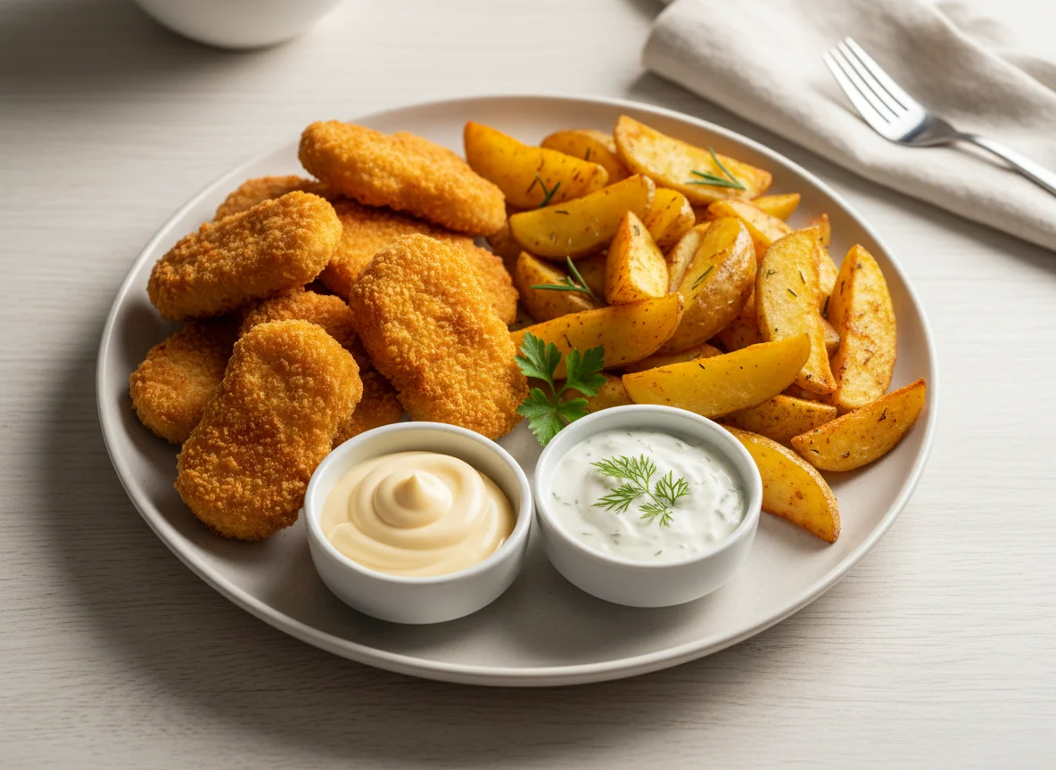 Hähnchen-Nuggets mit Kartoffelspalten und Saucen photo