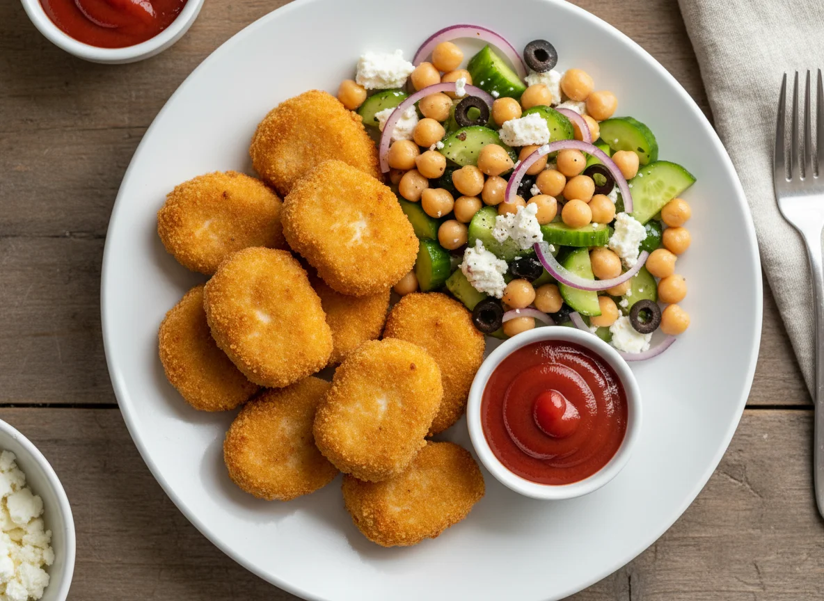 Hähnchen-Nuggets mit Kichererbsensalat und Ketchup photo