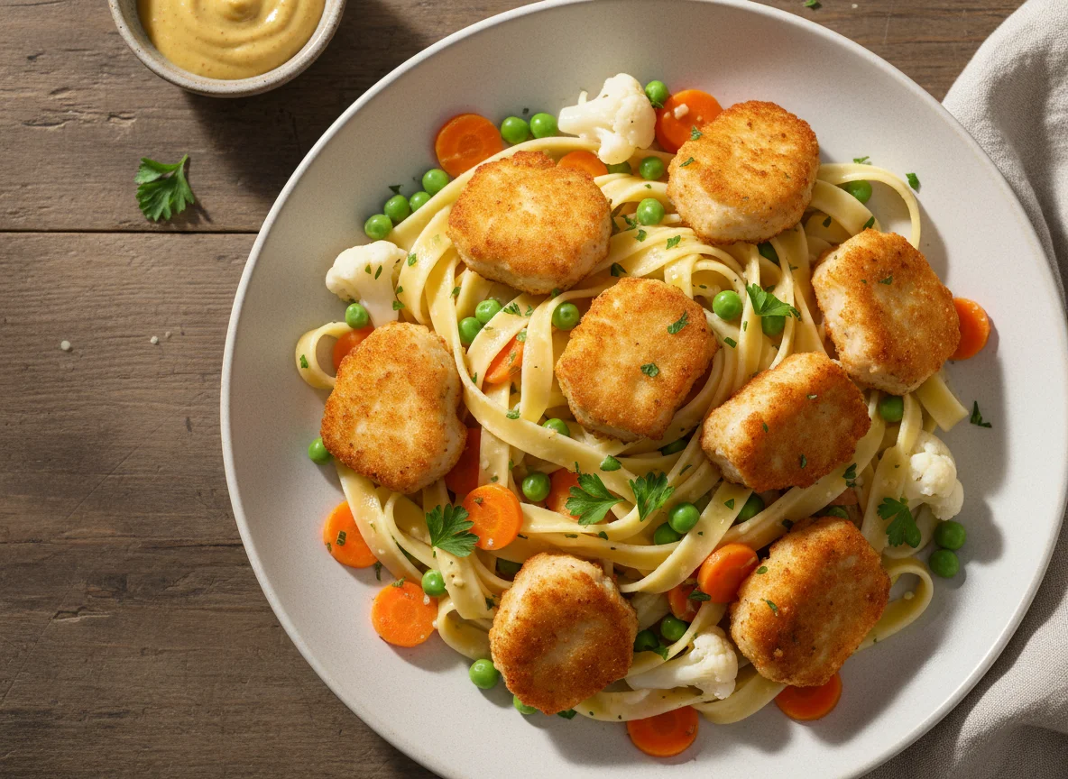 Hähnchen-Nuggets mit Nudeln und Gemüse photo